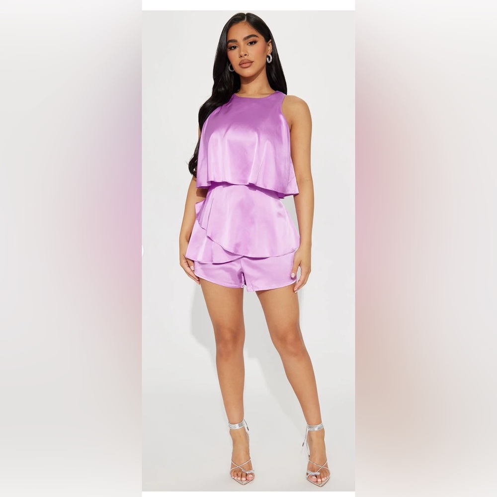 NWT Fashion Nova Lilac satin romper. High Neck, Fabric Overlay. 💜💜💜